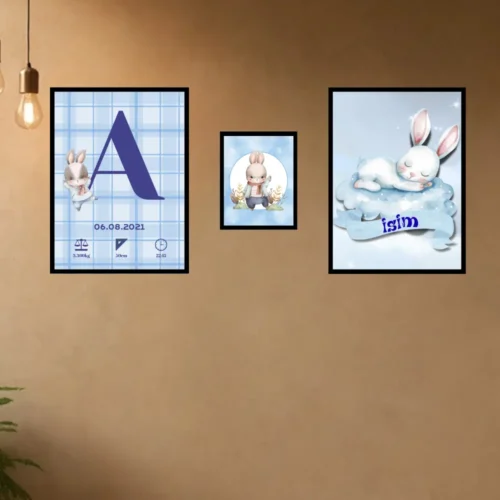 Çocuk Odası Mavi Tavşan Desenli Poster Seti 3’lü